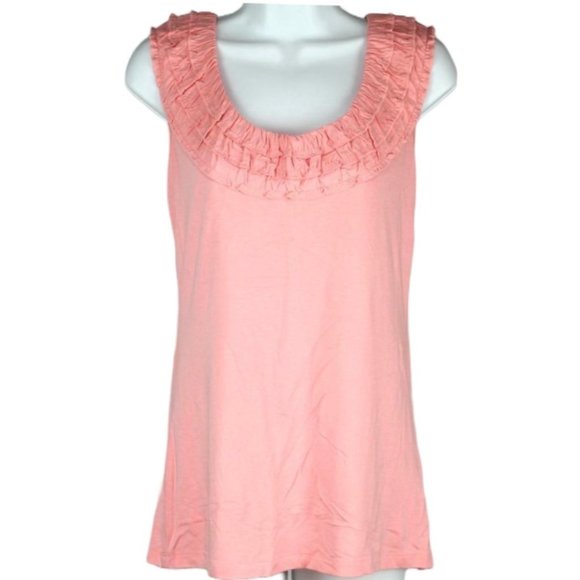 NWT New York & Co Stretch Women's Medium Coral Ruffle Scoop-neck Blouse NY&C - Picture 1 of 7